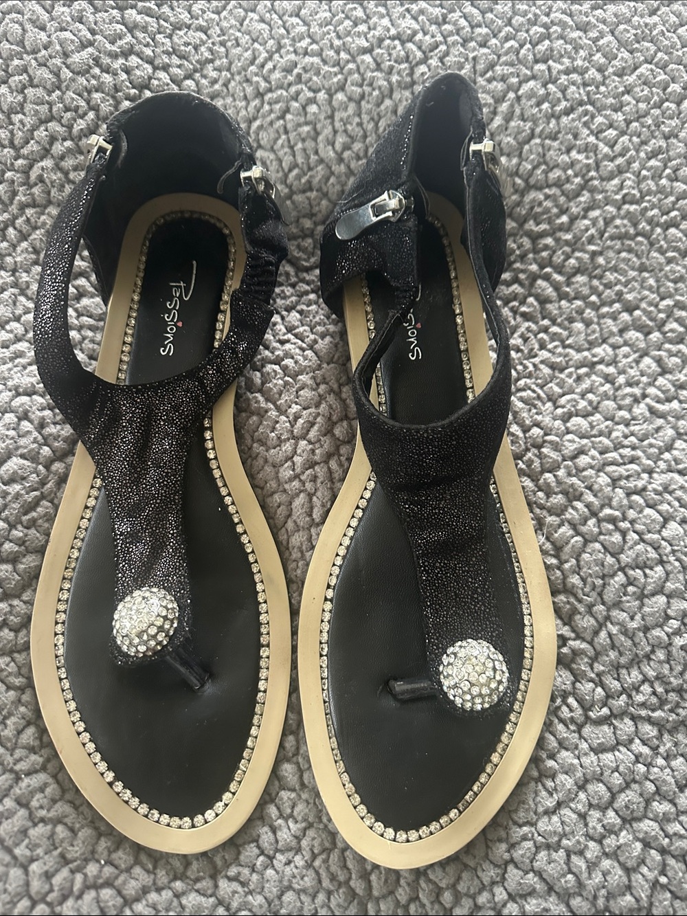 Seychelles Black Rhinestone T-Strap Sandals with Crystal Toe Accent